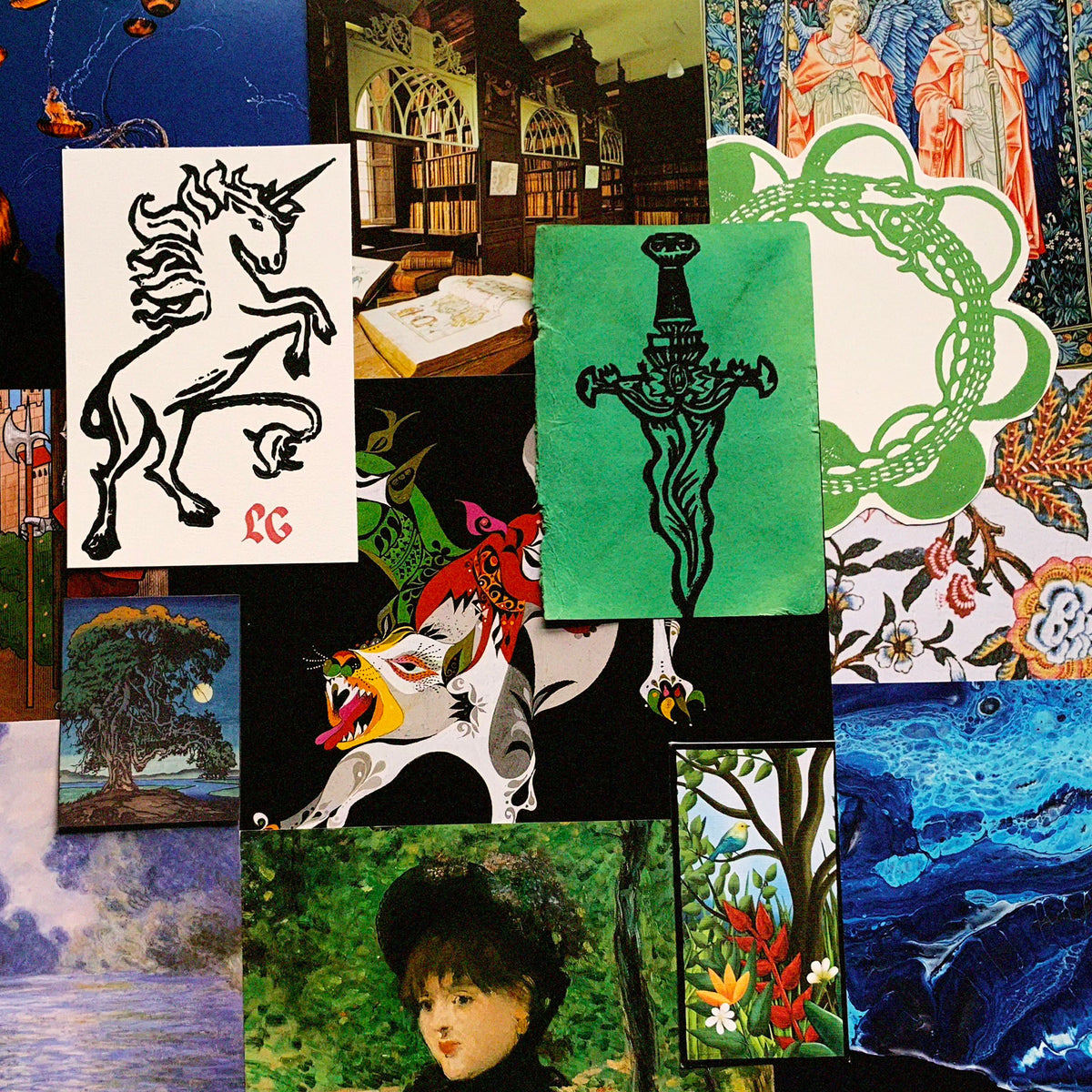 A collage of multiple art prints and cards featuring fantasy and classic illustrations, including a unicorn, a green sword design, a tree, a woman's portrait, and ocean scenes, arranged on a dark background.