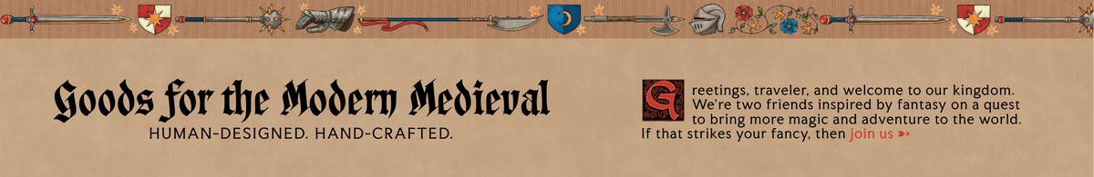 A wide banner-style graphic with a parchment background and medieval-themed illustrations across the top, including a sword, shield, and decorative emblems. Large black gothic text on the left reads 'Goods for the Modern Medieval,' with smaller text underneath and a short paragraph of copy on the right.