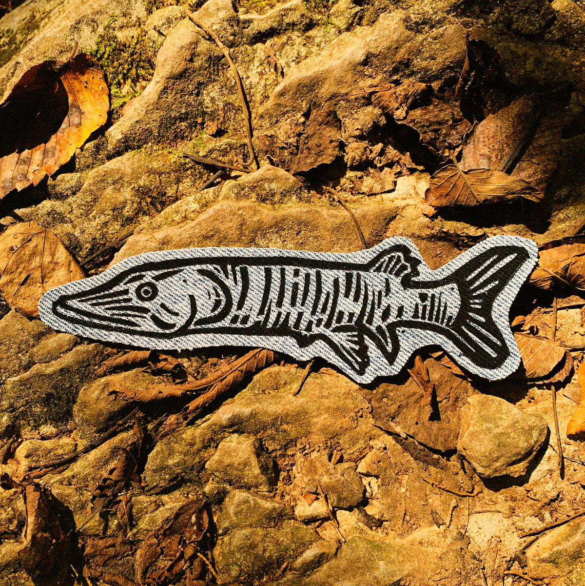A fish-shaped linocut stamp patch with a black Muskie fish design on denim fabric, placed on a textured background of rocks and dry leaves.