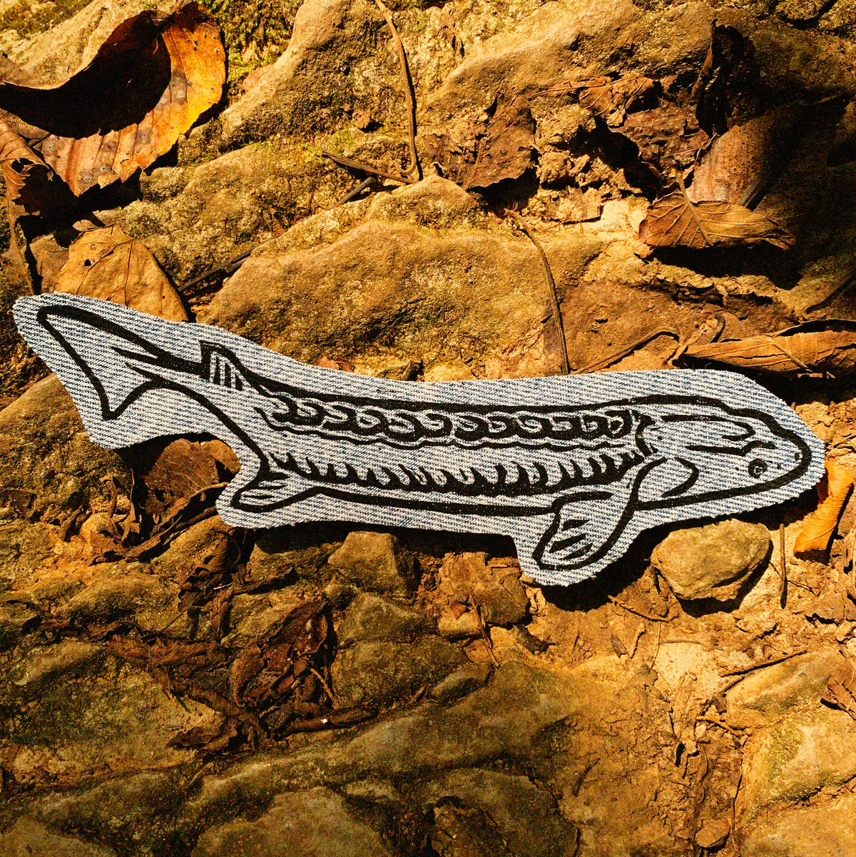 A fish-shaped linocut print patch placed on a background of rocks and dry leaves.